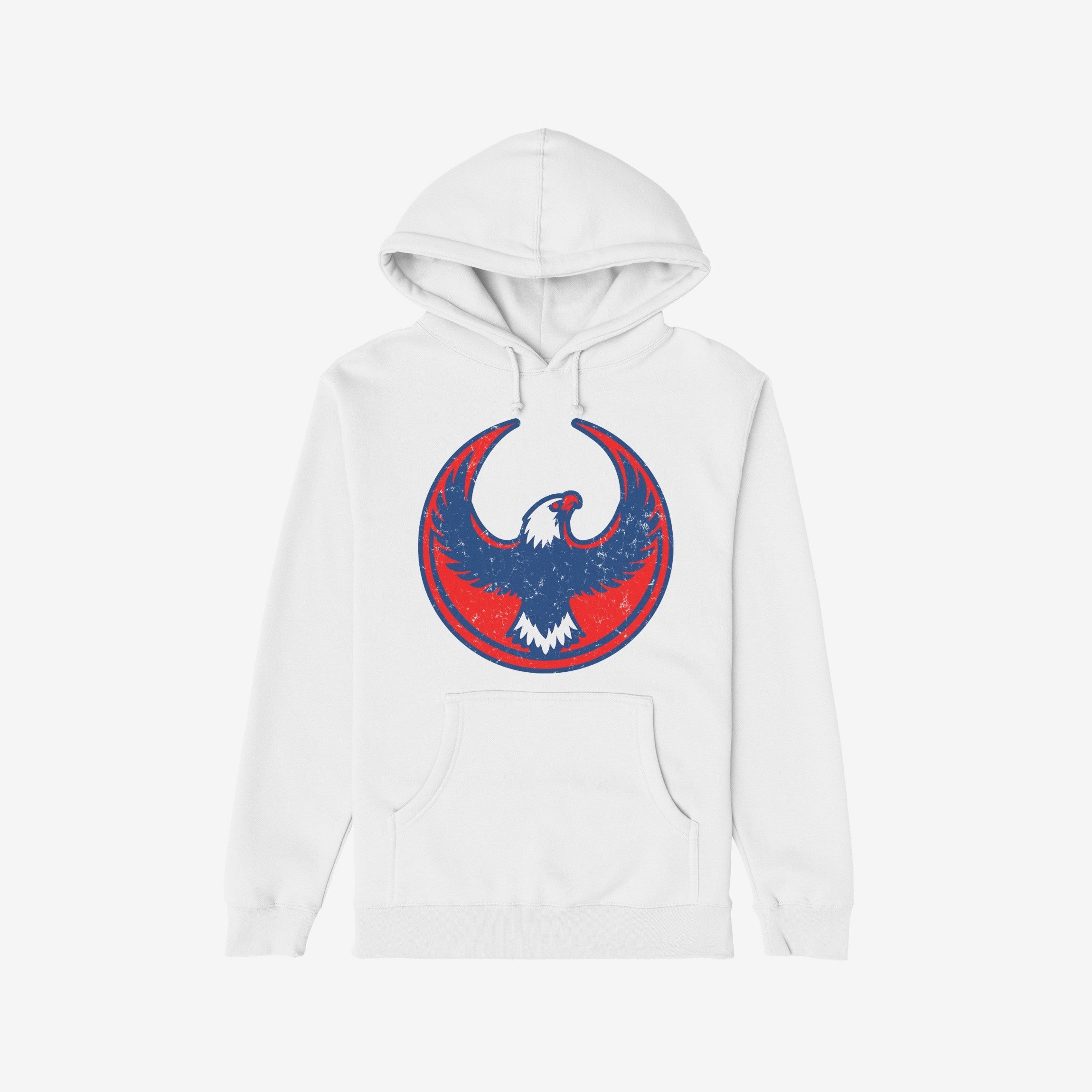 Philly Rebel Alliance Hoodie featuring a large, circular emblem with a stylized eagle in navy and red, symbolizing resistance and equality. Ideal for layering, with a kangaroo pocket and drawstring hood.