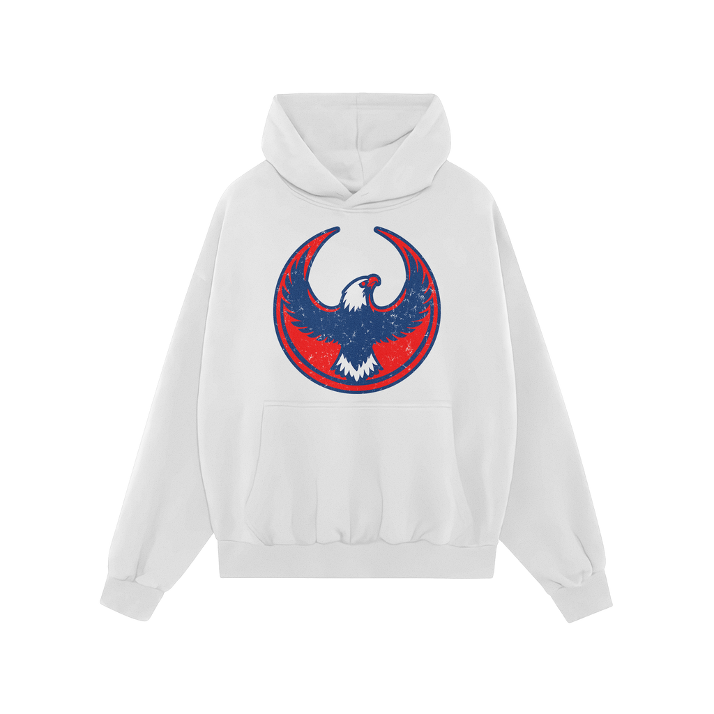 Philly Rebel Alliance Hoodie featuring a large, circular emblem with a stylized eagle in navy and red, symbolizing resistance