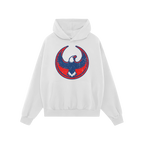 Philly Rebel Alliance Hoodie featuring a large, circular emblem with a stylized eagle in navy and red, symbolizing resistance