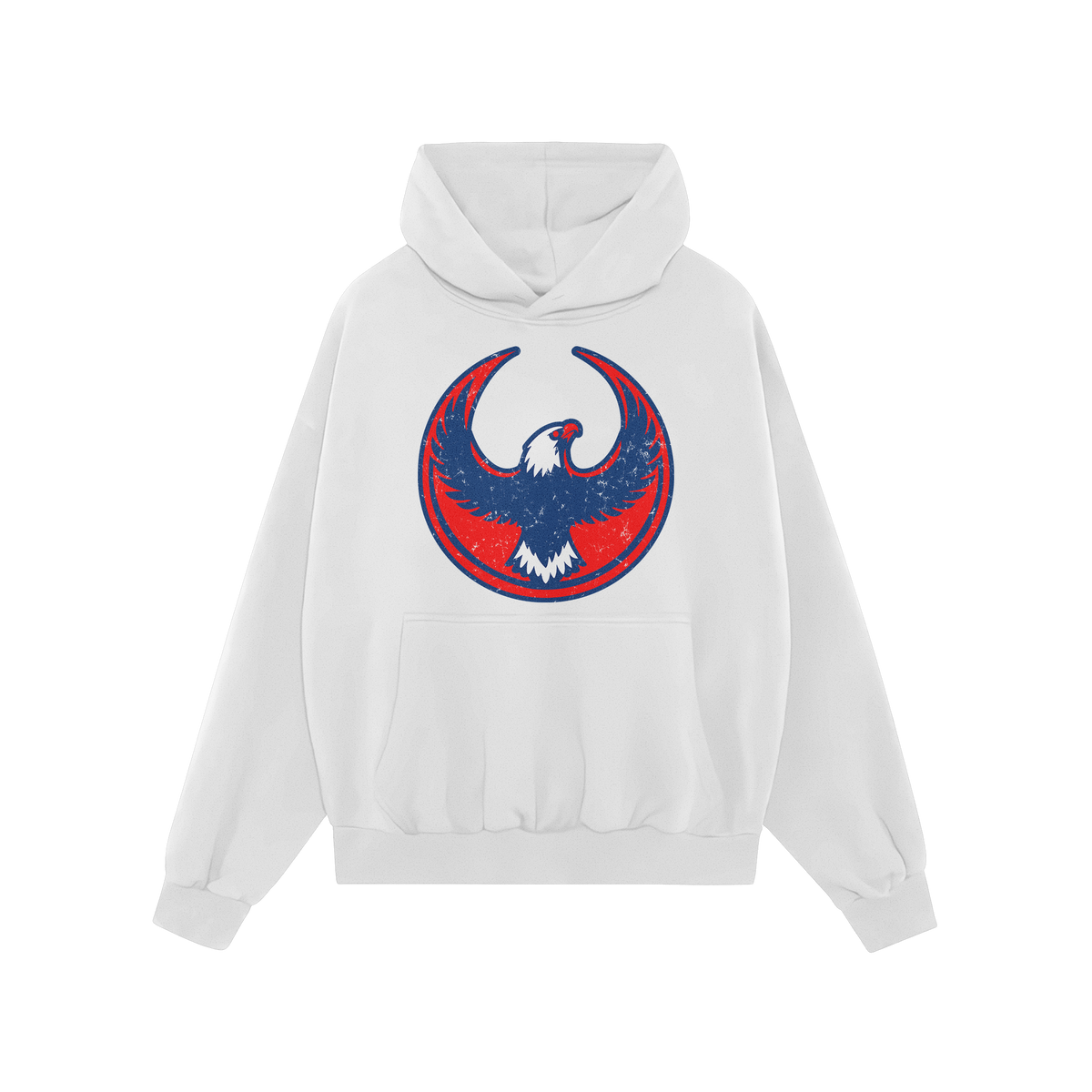 Philly Rebel Alliance Hoodie featuring a large, circular emblem with a stylized eagle in navy and red, symbolizing resistance