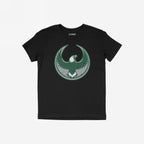 Philly Rebel Alliance T-shirt showcasing a large circular emblem with a stylized eagle on the chest, symbolizing anti-fascist and pro-equality sentiments. The neckline features the label STRANGE..