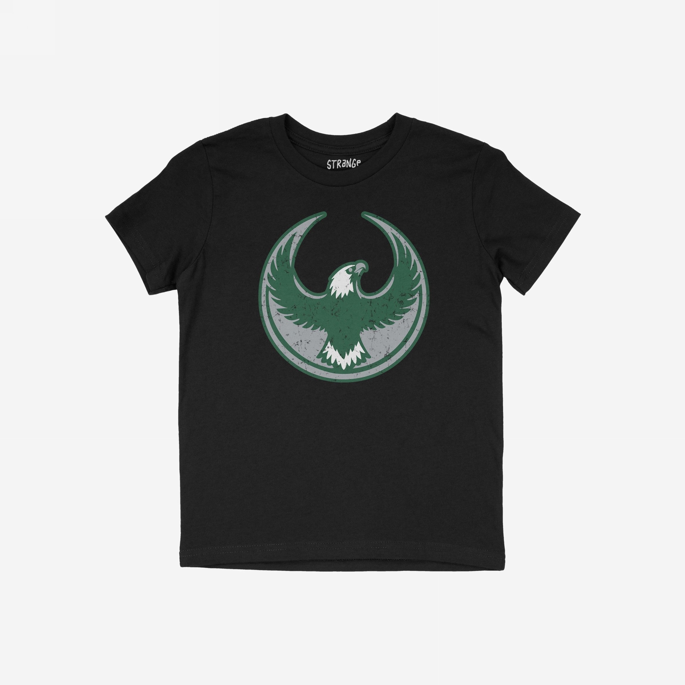 Philly Rebel Alliance T-shirt showcasing a large circular emblem with a stylized eagle on the chest, symbolizing anti-fascist and pro-equality sentiments. The neckline features the label STRANGE..