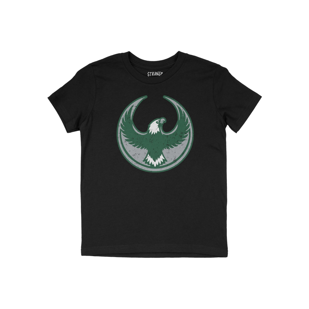 Philly Rebel Alliance T-shirt showcasing a large circular emblem with a stylized eagle on the chest, symbolizing anti-fascist