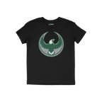 Philly Rebel Alliance T-shirt showcasing a large circular emblem with a stylized eagle on the chest, symbolizing anti-fascist