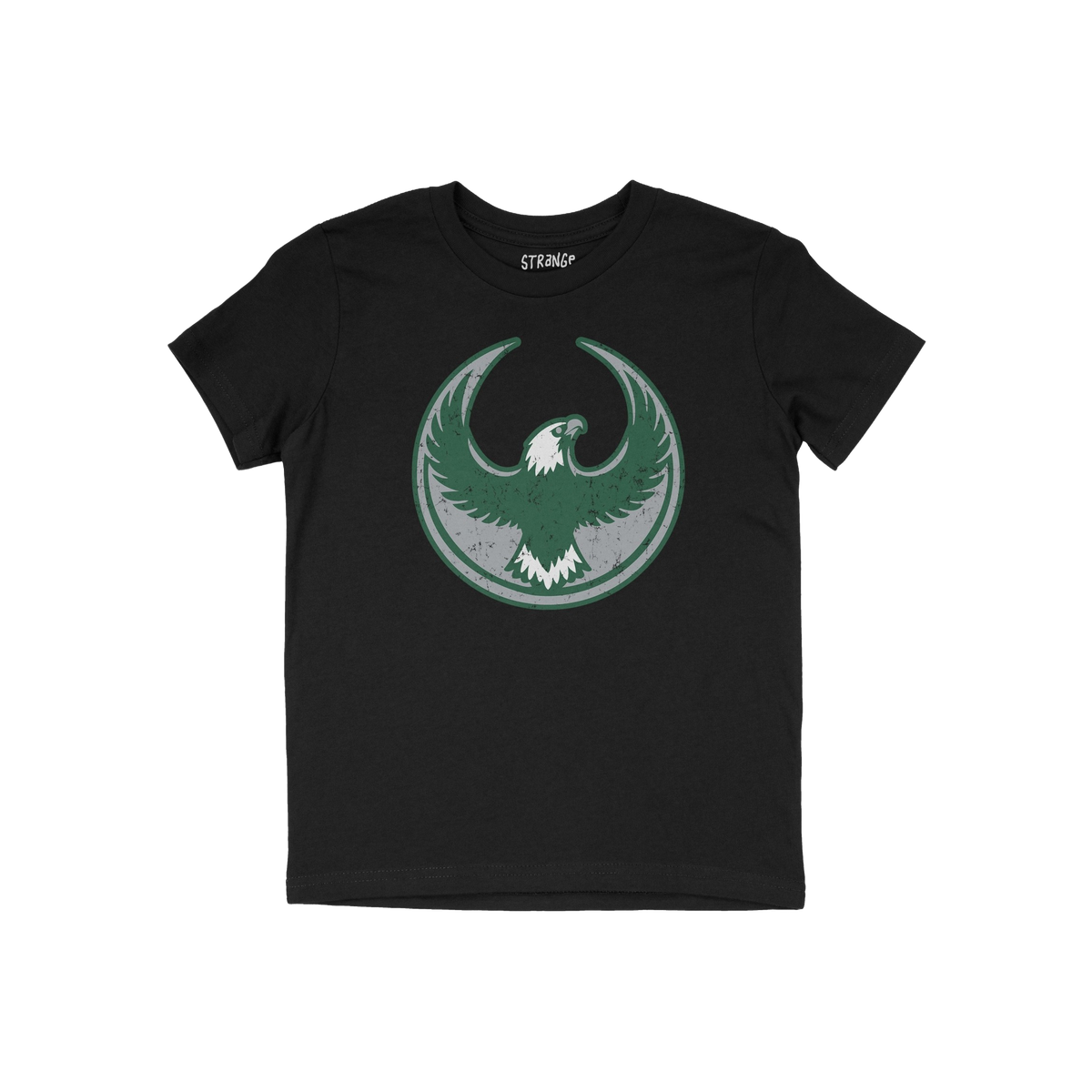 Philly Rebel Alliance T-shirt showcasing a large circular emblem with a stylized eagle on the chest, symbolizing anti-fascist