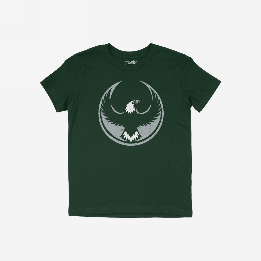 Philly Rebel Alliance T-shirt in dark green with a distressed eagle emblem, symbolizing resistance and equality. Ideal for activists, available in various fits and colors, reflecting the spirit of unity and protest.