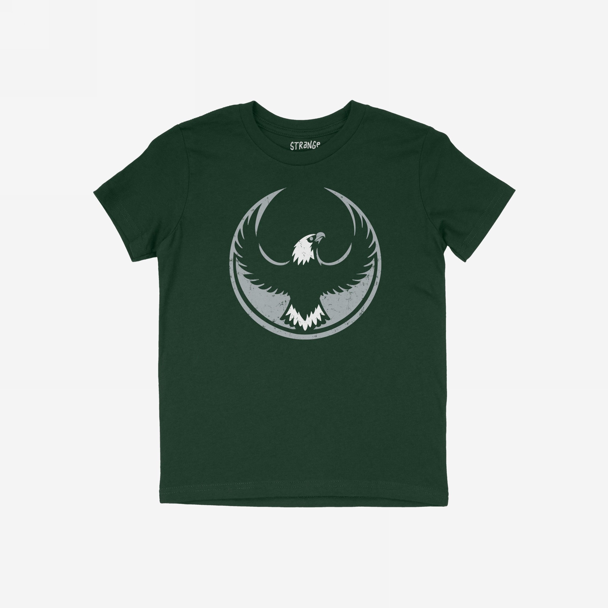 Philly Rebel Alliance T-shirt in dark green with a distressed eagle emblem, symbolizing resistance and equality. Ideal for activists, available in various fits and colors, reflecting the spirit of unity and protest.