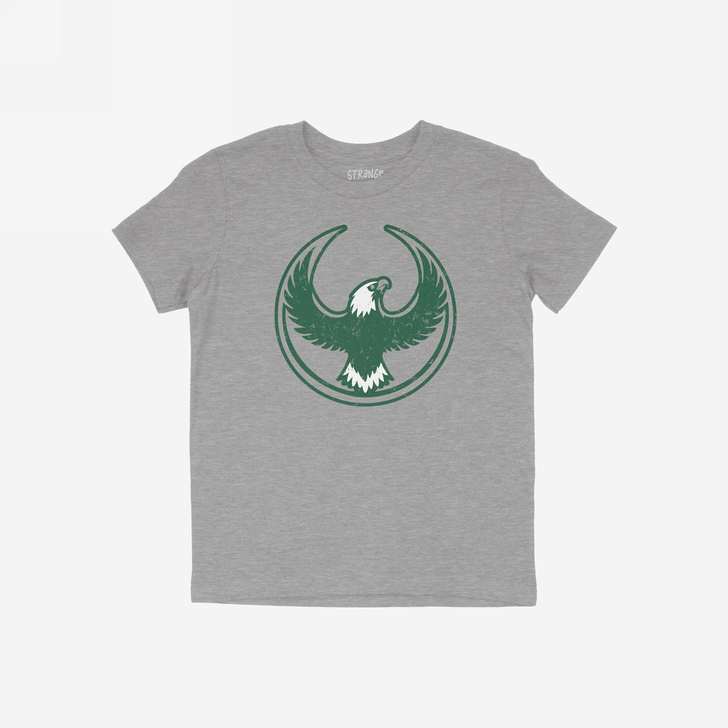 Philly Rebel Alliance T-shirt featuring a bold, stylized green eagle with outstretched wings inside a crescent, symbolizing resistance and solidarity, ideal for those advocating immigrant rights and equality.