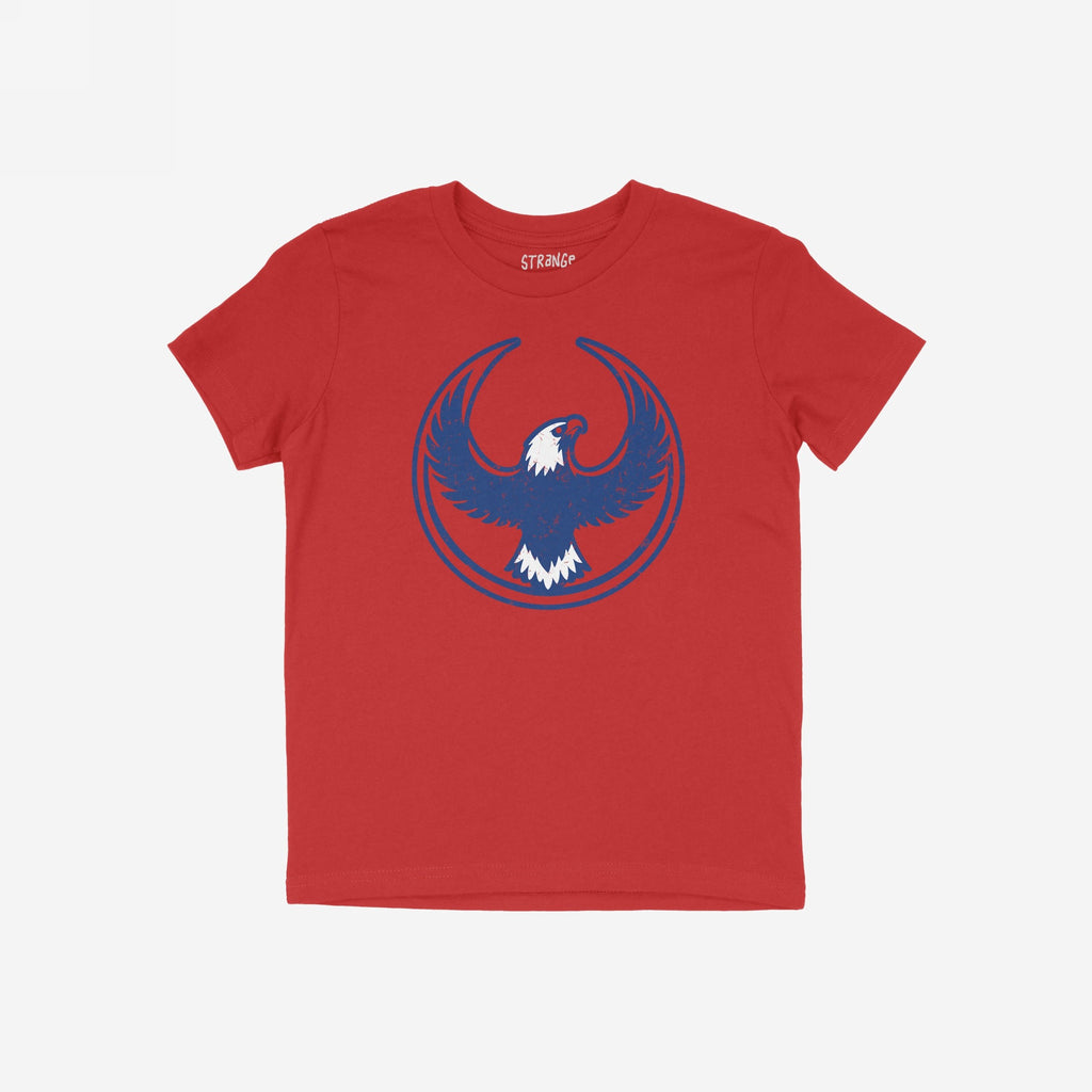 Philly Rebel Alliance T-shirt featuring a stylized blue eagle with outstretched wings in a circular outline on a red background, symbolizing anti-fascist and immigrant rights support.