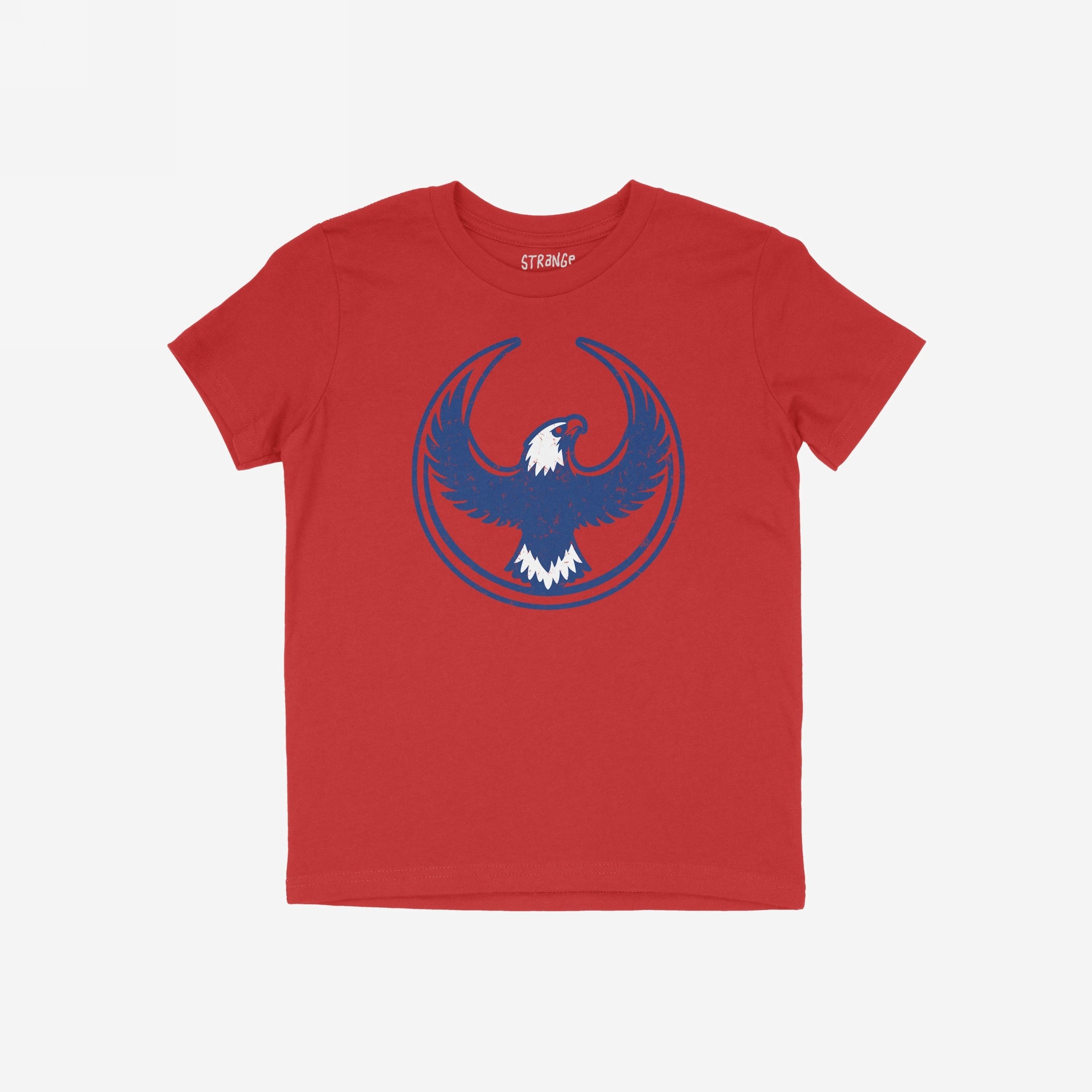 Philly Rebel Alliance T-shirt featuring a stylized blue eagle with outstretched wings in a circular outline on a red background, symbolizing anti-fascist and immigrant rights support.