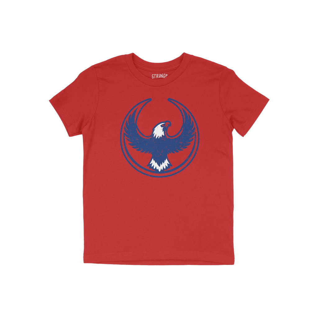 Philly Rebel Alliance T-shirt featuring a stylized blue eagle with outstretched wings in a circular outline on a red backgrou