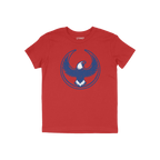 Philly Rebel Alliance T-shirt featuring a stylized blue eagle with outstretched wings in a circular outline on a red backgrou