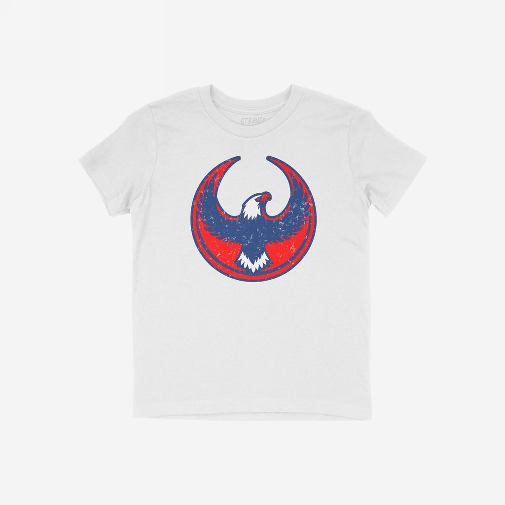 Philly Rebel Alliance T-shirt featuring a distressed-style bald eagle graphic in blue with white accents, set against a red circular backdrop. Ideal for those advocating immigrant rights and equality.