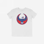Philly Rebel Alliance T-shirt featuring a distressed-style bald eagle graphic in blue with white accents, set against a red circular backdrop. Ideal for those advocating immigrant rights and equality.