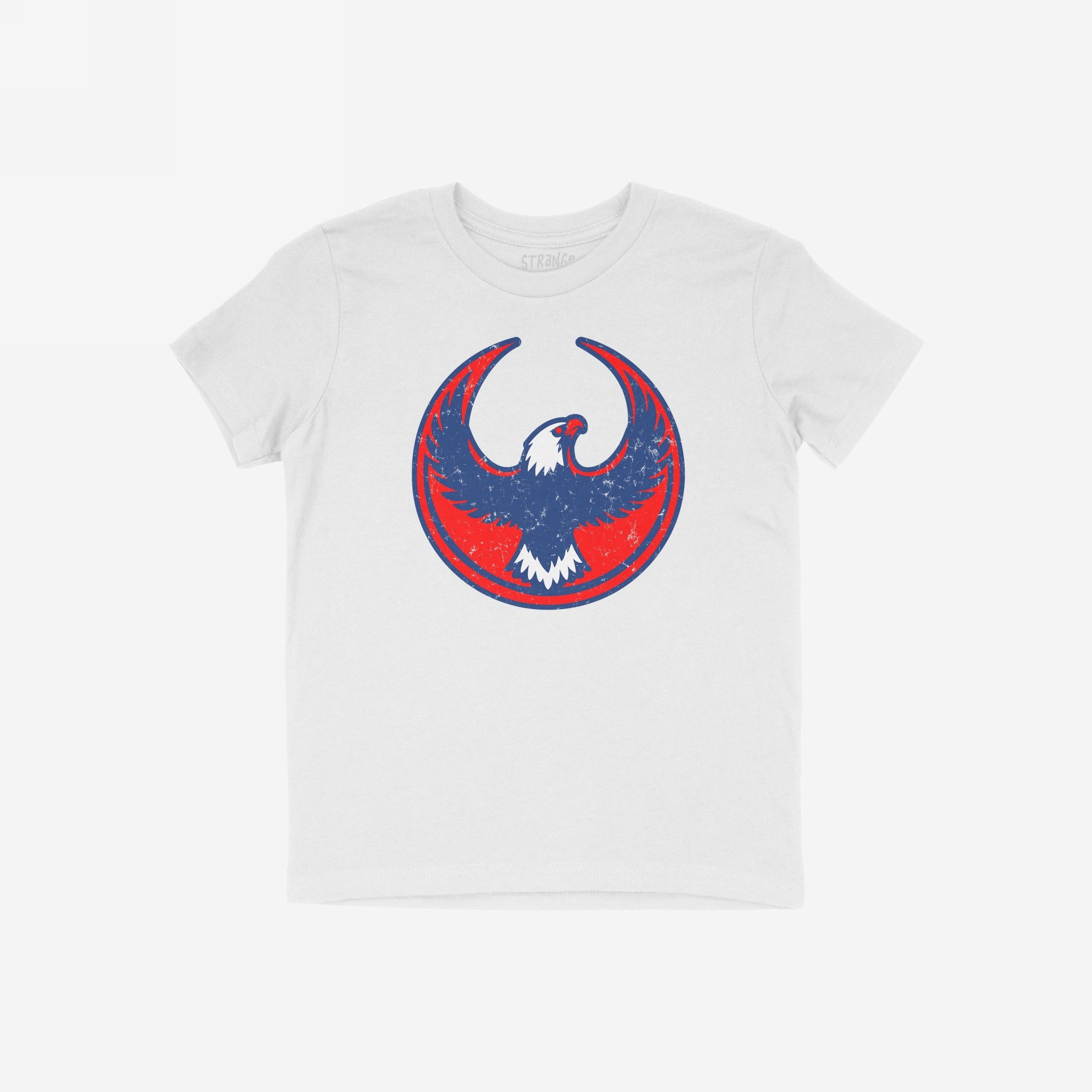 Philly Rebel Alliance T-shirt featuring a distressed-style bald eagle graphic in blue with white accents, set against a red circular backdrop. Ideal for those advocating immigrant rights and equality.