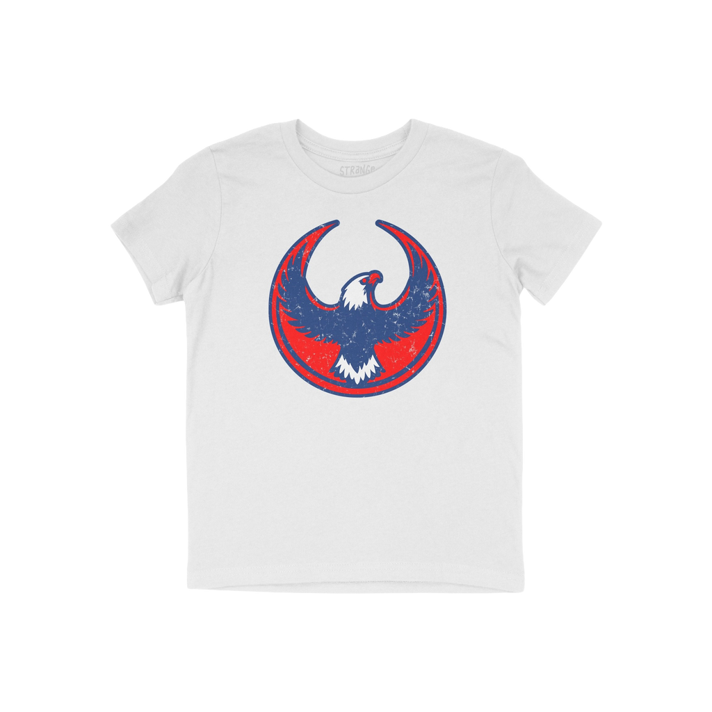 Philly Rebel Alliance T-shirt featuring a distressed-style bald eagle graphic in blue with white accents, set against a red c