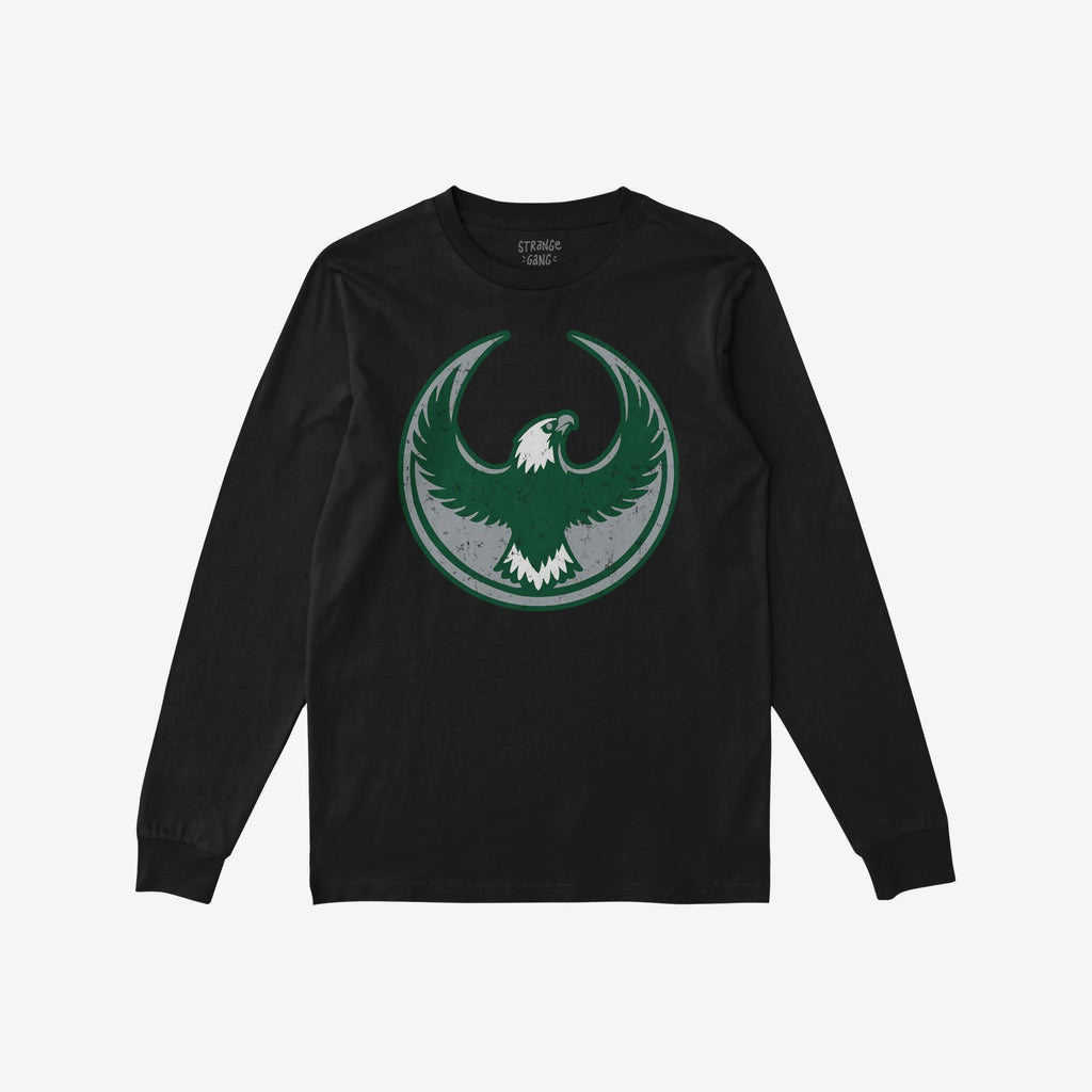 Black long-sleeve Philly Rebel Alliance T-shirt featuring a circular emblem with a stylized eagle, symbolizing anti-fascist unity and immigrant rights, ideal for protest participation and advocacy.