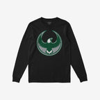 Black long-sleeve Philly Rebel Alliance T-shirt featuring a circular emblem with a stylized eagle, symbolizing anti-fascist unity and immigrant rights, ideal for protest participation and advocacy.