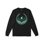 Black long-sleeve Philly Rebel Alliance T-shirt featuring a circular emblem with a stylized eagle, symbolizing anti-fascist u