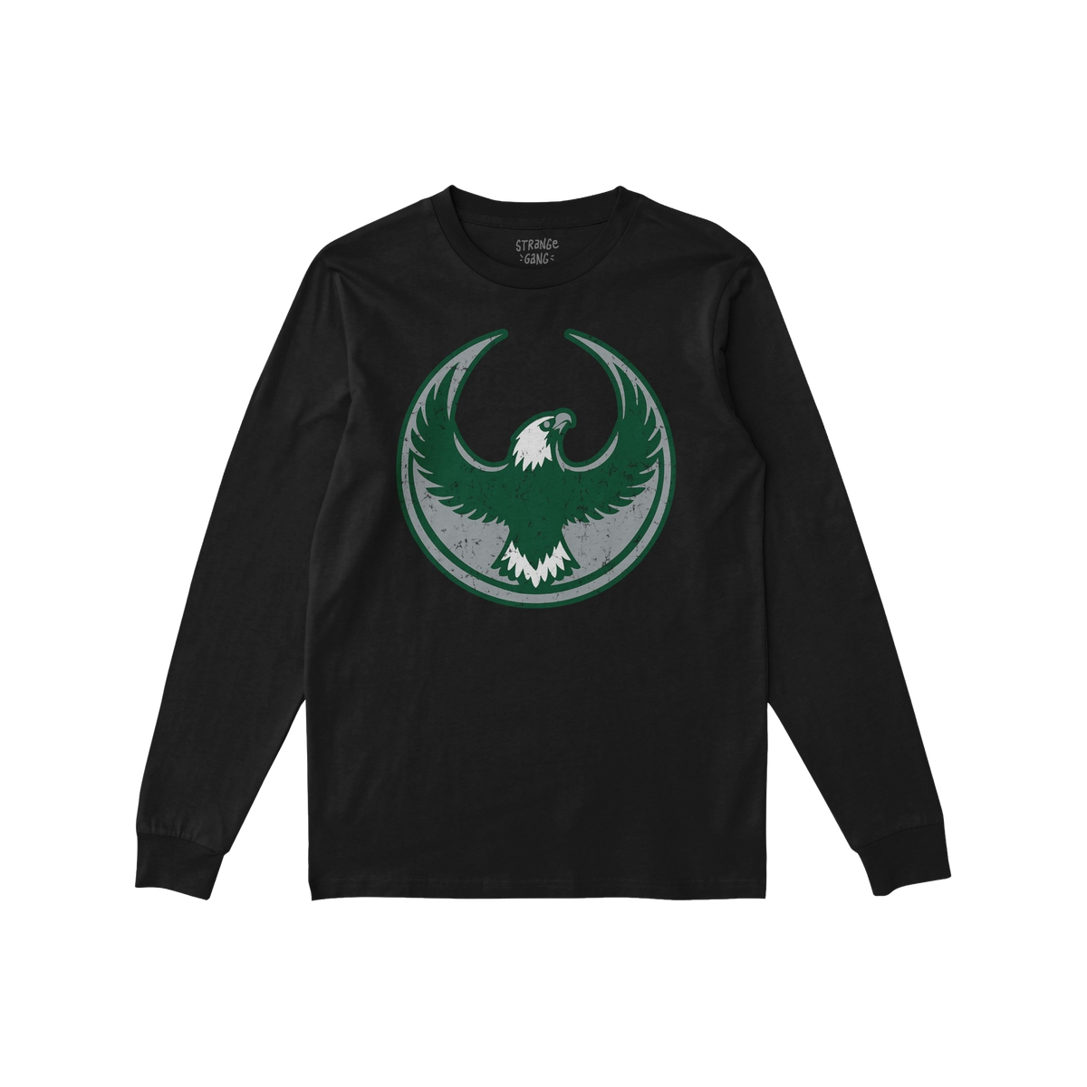 Black long-sleeve Philly Rebel Alliance T-shirt featuring a circular emblem with a stylized eagle, symbolizing anti-fascist u