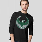 Young man modeling the Philly Rebel Alliance T-shirt with a distressed eagle graphic, symbolizing anti-fascist and pro-equality values, ideal for supporting immigrant rights.