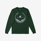 Forest-green Philly Rebel Alliance T-shirt with long sleeves, featuring a distressed light-gray graphic of a bald eagle in flight on the chest, symbolizing anti-fascist and immigrant rights support.