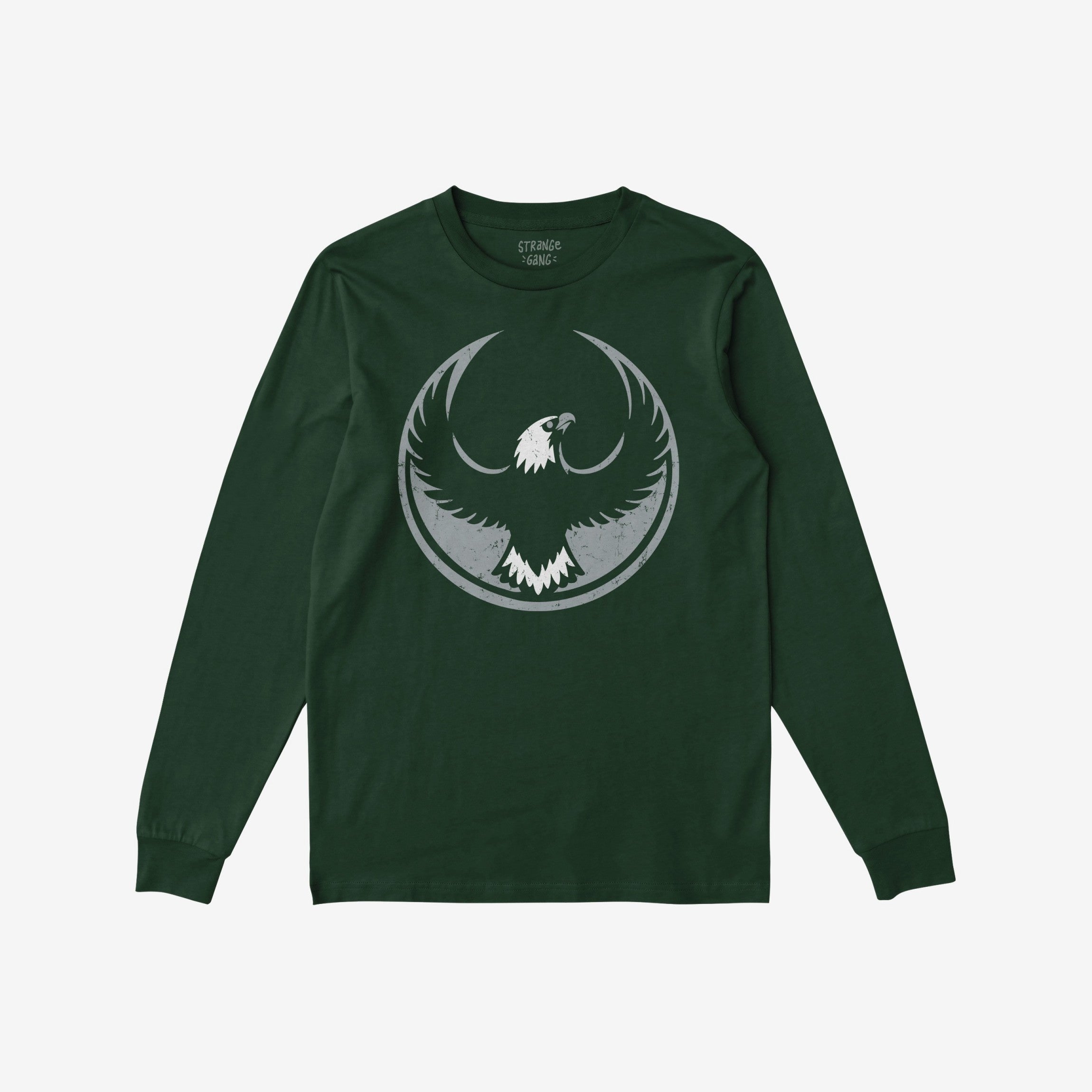 Forest-green Philly Rebel Alliance T-shirt with long sleeves, featuring a distressed light-gray graphic of a bald eagle in flight on the chest, symbolizing anti-fascist and immigrant rights support.