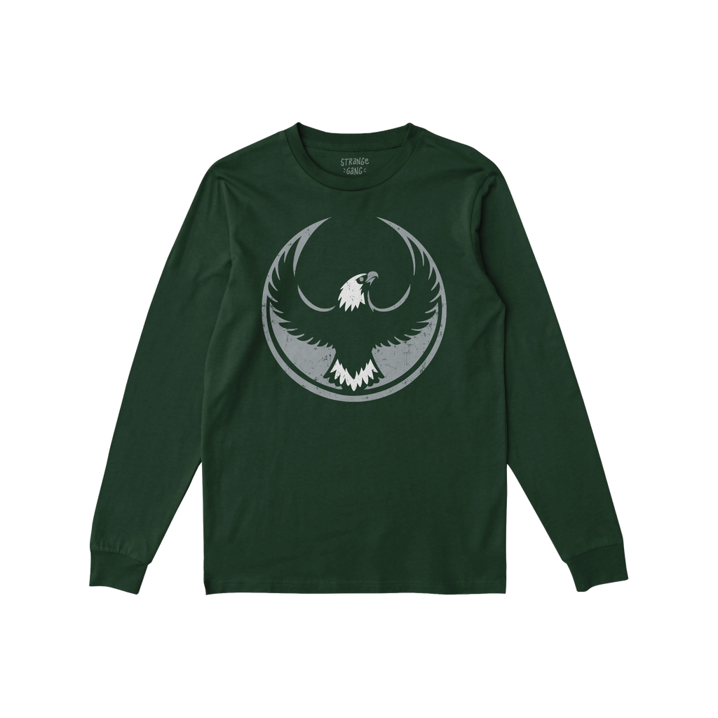 Forest-green Philly Rebel Alliance T-shirt with long sleeves, featuring a distressed light-gray graphic of a bald eagle in fl