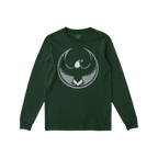 Forest-green Philly Rebel Alliance T-shirt with long sleeves, featuring a distressed light-gray graphic of a bald eagle in fl