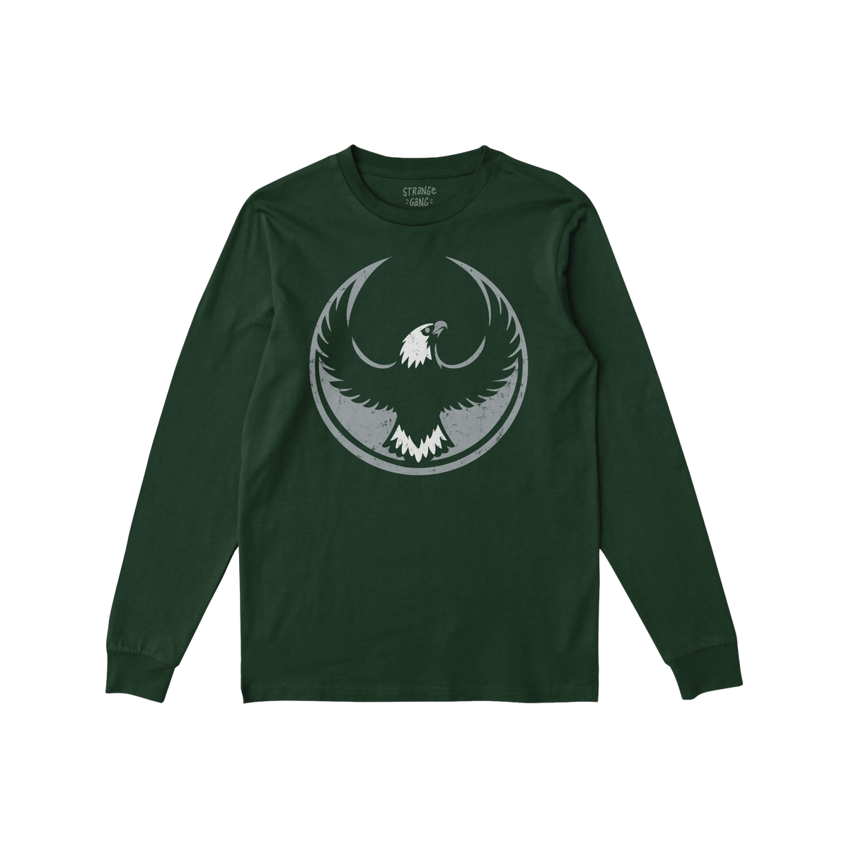 Forest-green Philly Rebel Alliance T-shirt with long sleeves, featuring a distressed light-gray graphic of a bald eagle in fl