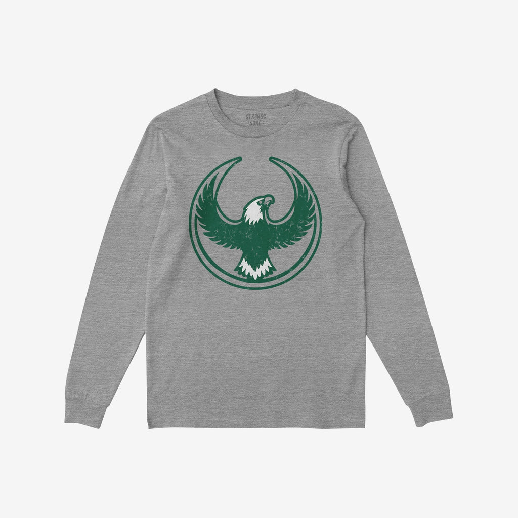 Philly Rebel Alliance T-shirt in heather-gray with a distressed dark green emblem of an eagle, symbolizing anti-fascist and immigrant rights activism. Long-sleeve, crew-neck design, perfect for standing up for equality.