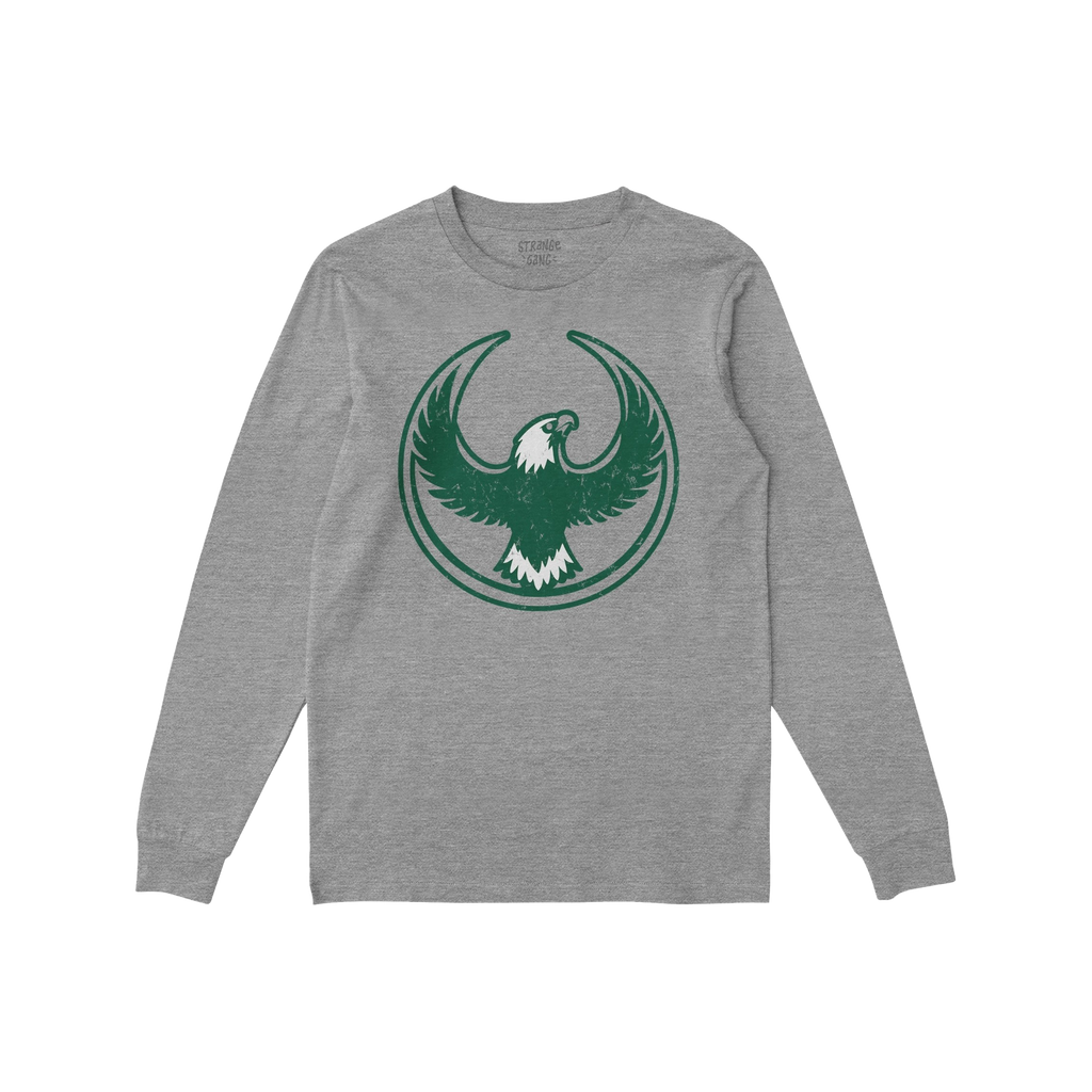 Philly Rebel Alliance T-shirt in heather-gray with a distressed dark green emblem of an eagle, symbolizing anti-fascist and i