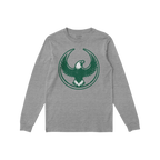 Philly Rebel Alliance T-shirt in heather-gray with a distressed dark green emblem of an eagle, symbolizing anti-fascist and i