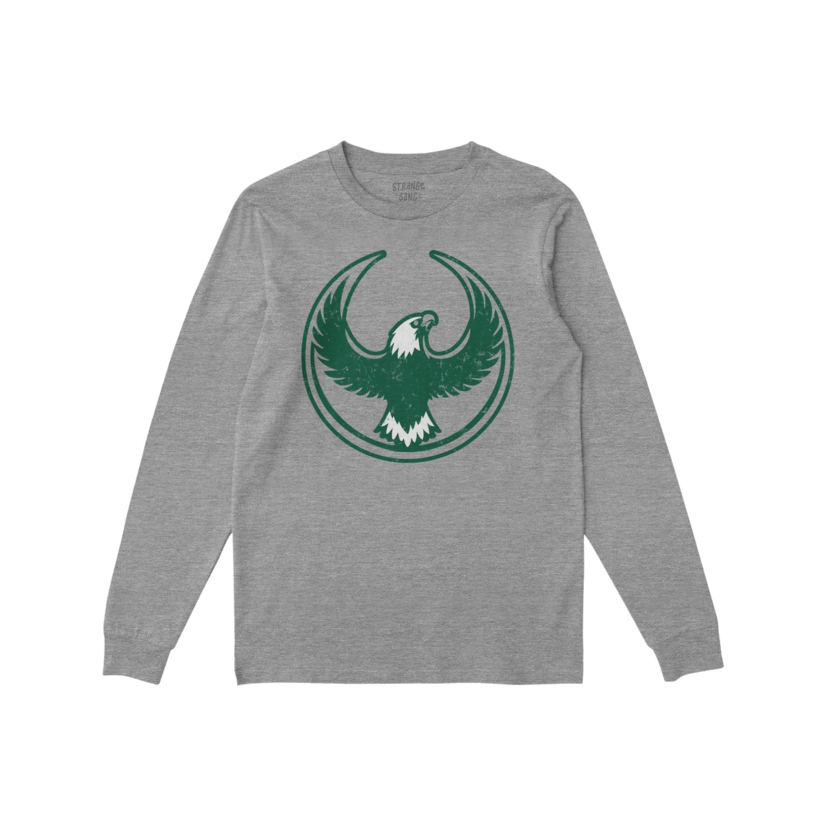 Philly Rebel Alliance T-shirt in heather-gray with a distressed dark green emblem of an eagle, symbolizing anti-fascist and i