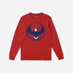 Philly Rebel Alliance T-shirt featuring a bold eagle graphic with dark blue wings and a white head, encased in a circular outline. Designed for those who advocate for immigrant rights and equality.