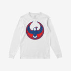 Philly Rebel Alliance T-shirt featuring a distressed navy bald eagle graphic on a white long-sleeve, embodying anti-fascist and immigrant rights themes with a vintage look.