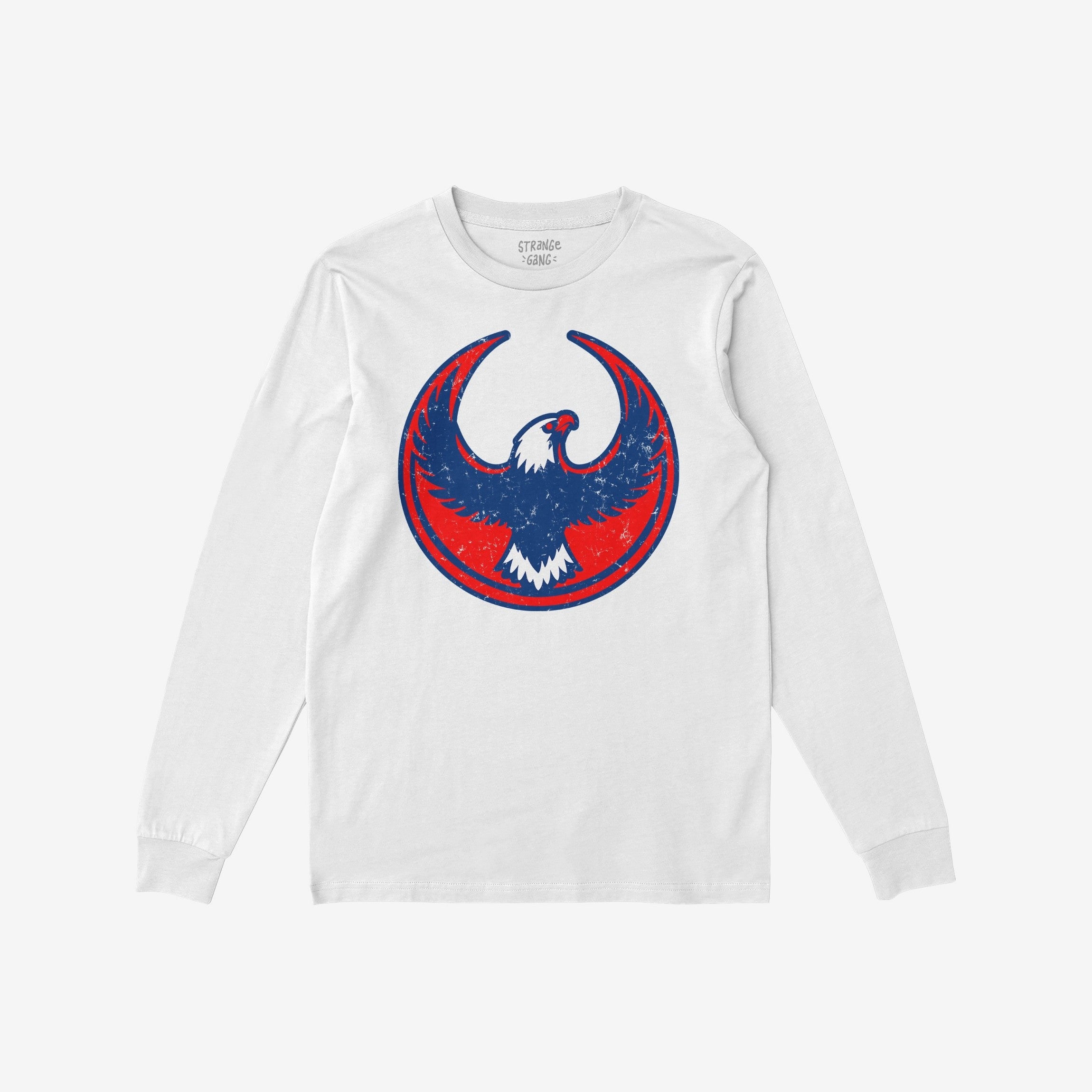 Philly Rebel Alliance T-shirt featuring a distressed navy bald eagle graphic on a white long-sleeve, embodying anti-fascist and immigrant rights themes with a vintage look.