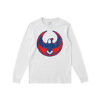 Philly Rebel Alliance T-shirt featuring a distressed navy bald eagle graphic on a white long-sleeve, embodying anti-fascist a