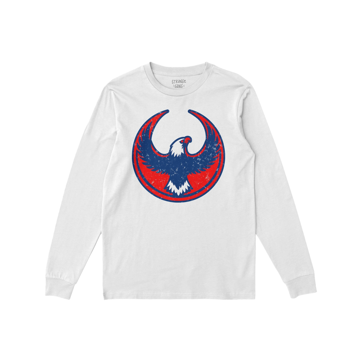 Philly Rebel Alliance T-shirt featuring a distressed navy bald eagle graphic on a white long-sleeve, embodying anti-fascist a