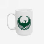 Philly Rebel Alliance Mug featuring a dark green and gray eagle emblem with raised wings, symbolizing anti-fascist unity and equality. Available in 11 oz. or 15 oz., dishwasher and microwave safe.