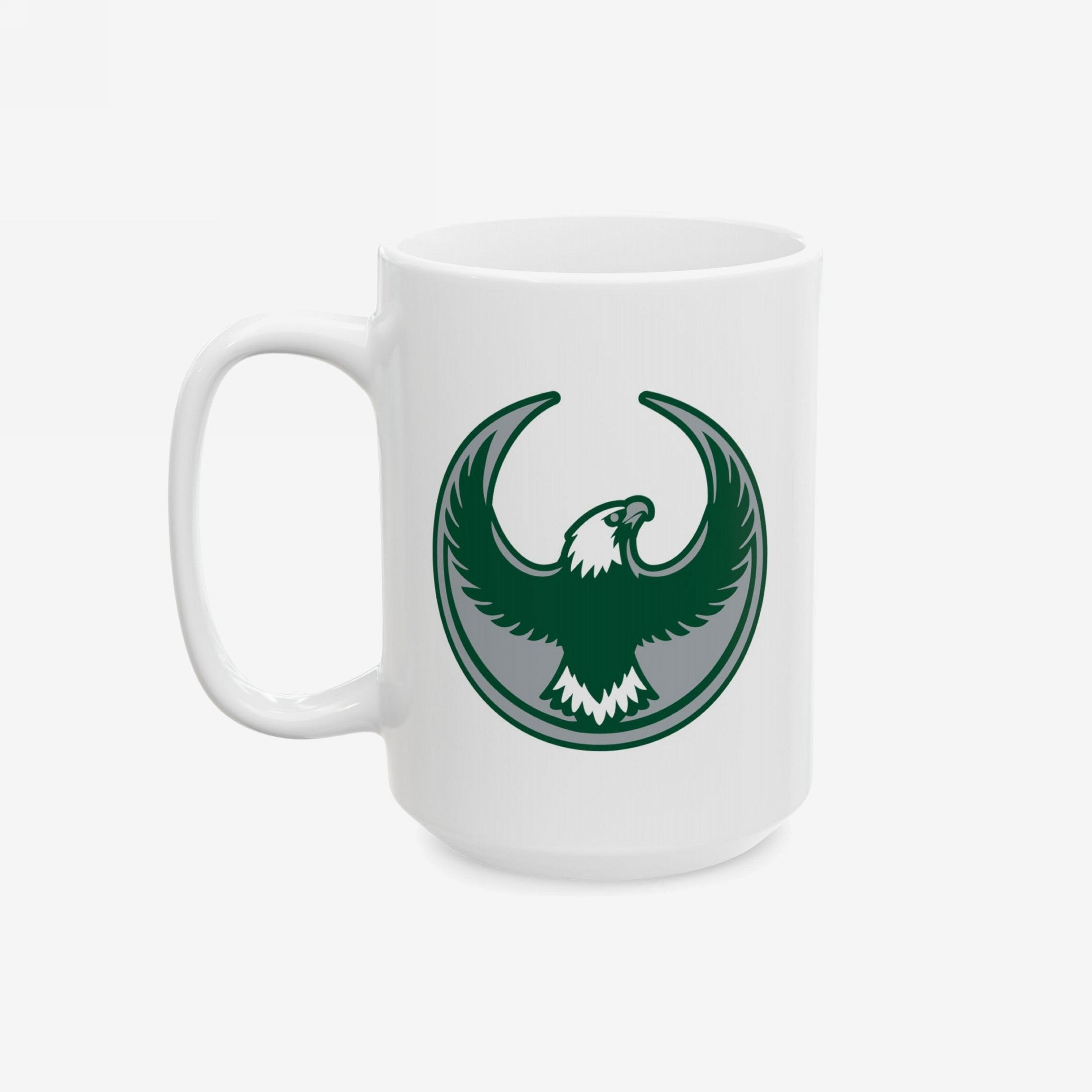 Philly Rebel Alliance Mug featuring a dark green and gray eagle emblem with raised wings, symbolizing anti-fascist unity and equality. Available in 11 oz. or 15 oz., dishwasher and microwave safe.