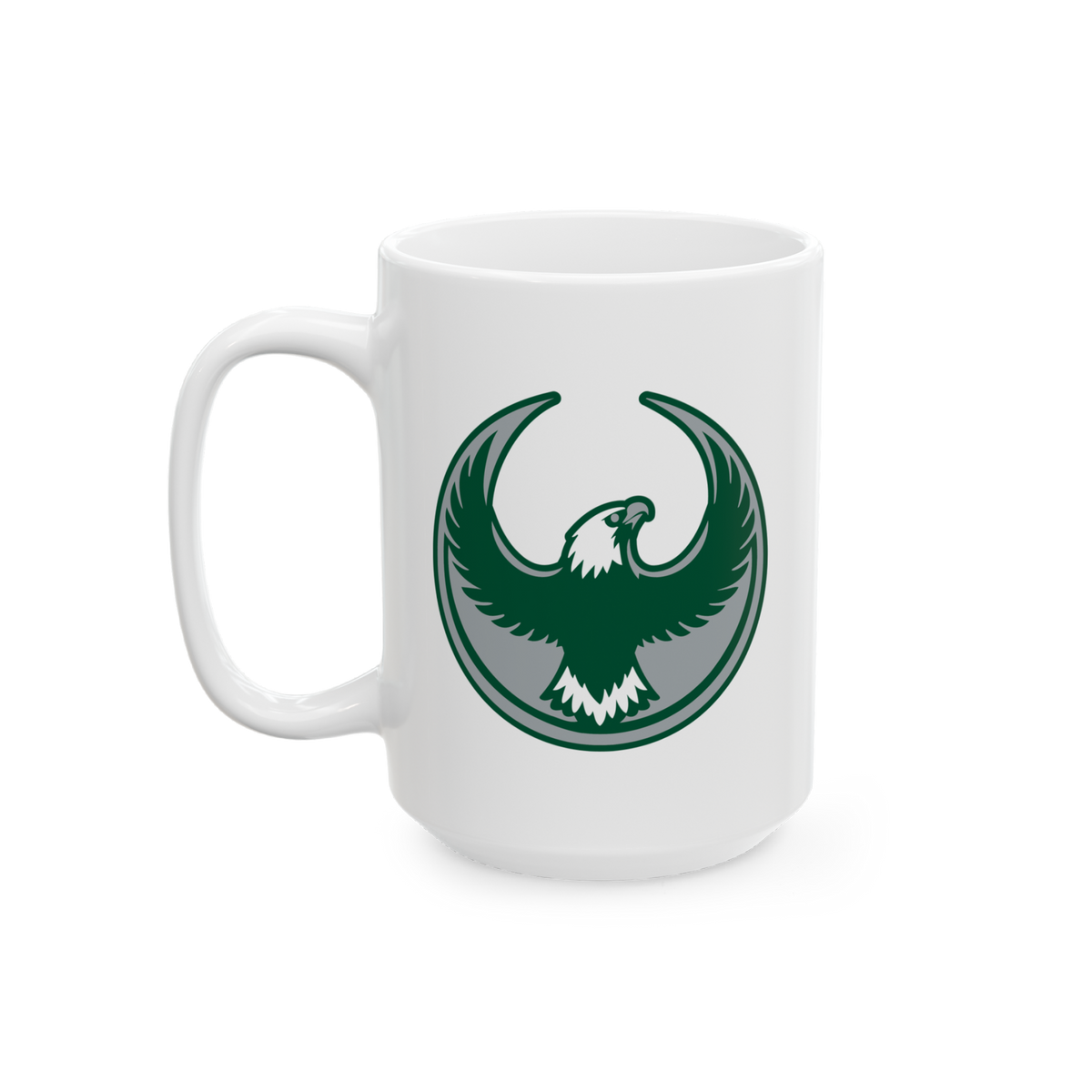 Philly Rebel Alliance Mug featuring a dark green and gray eagle emblem with raised wings, symbolizing anti-fascist unity and 
