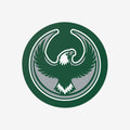 Philly Rebel Alliance Sticker featuring a stylized eagle with outstretched wings, enclosed in a green ring. Ideal for supporting immigrant rights and equality on various surfaces, available in two sizes.
