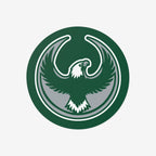 Philly Rebel Alliance Sticker featuring a stylized eagle with outstretched wings, enclosed in a green ring. Ideal for supporting immigrant rights and equality on various surfaces, available in two sizes.