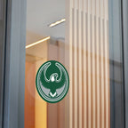 Philly Rebel Alliance Sticker displayed on a glass door, featuring a stylized eagle emblem. Ideal for those advocating immigrant rights and equality. Available in 3 x 3 or 5 x 5 sizes.