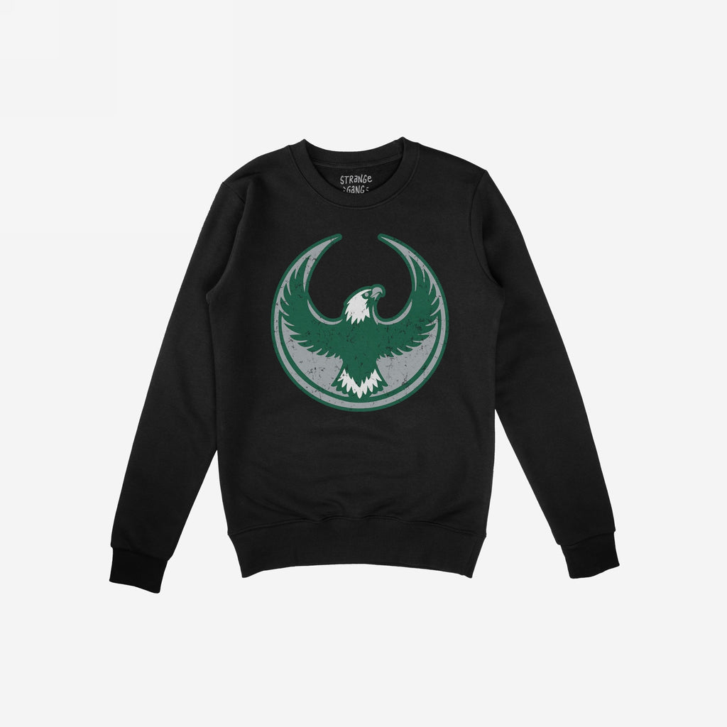 Black Philly Rebel Alliance Crewneck Sweatshirt featuring a vintage-style eagle emblem in dark green and gray, symbolizing resistance and equality. Ideal for layering in city weather.