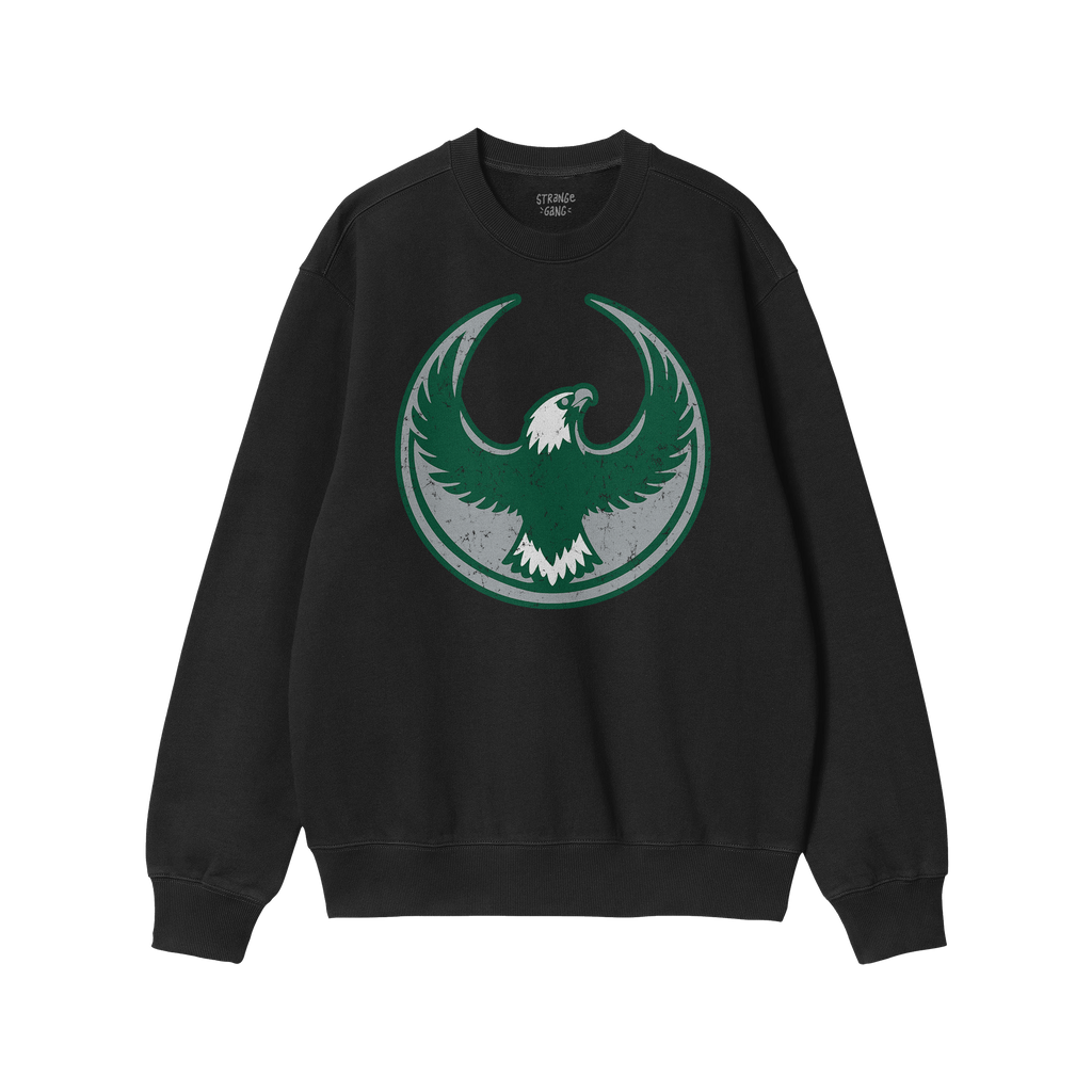 Black Philly Rebel Alliance Crewneck Sweatshirt featuring a vintage-style eagle emblem in dark green and gray, symbolizing re