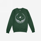 Dark green Philly Rebel Alliance crewneck sweatshirt featuring a large light gray eagle emblem, symbolizing anti-fascist unity and immigrant rights, ideal for layering in city weather.