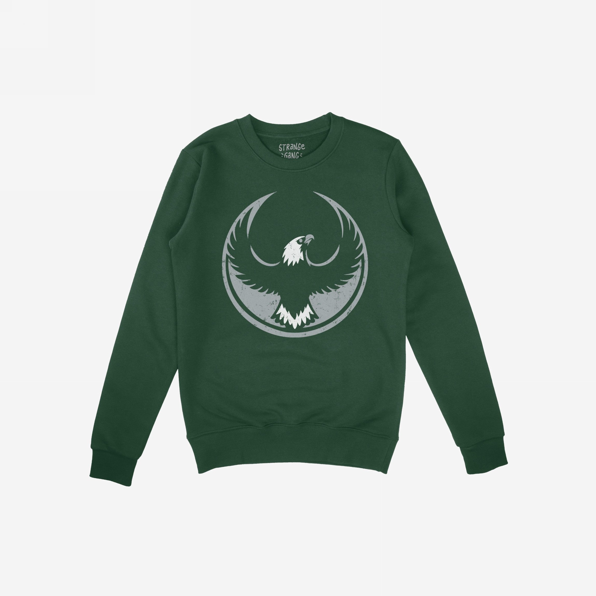 Dark green Philly Rebel Alliance crewneck sweatshirt featuring a large light gray eagle emblem, symbolizing anti-fascist unity and immigrant rights, ideal for layering in city weather.