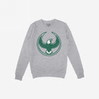 Light-gray crewneck sweatshirt featuring the Philly Rebel Alliance emblem: a bold, stylized eagle with outstretched wings encircled by rings, symbolizing anti-fascist and immigrant rights support.